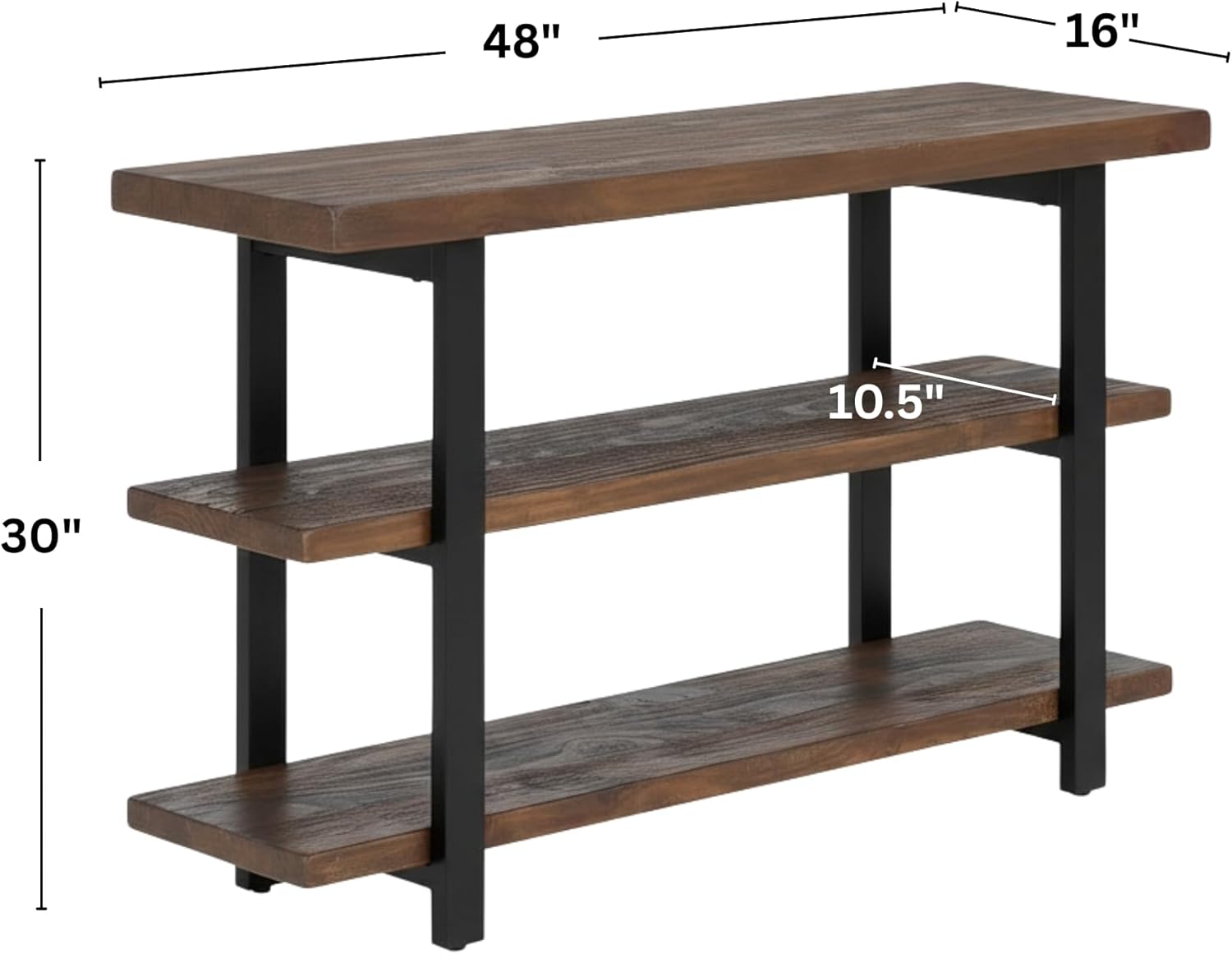 Alaterre Furniture Pomona 3-Tier Solid Wood Media Console Table with 2 Open Shelves and Metal Legs - Rustic Industrial Farmhouse TV Stand and Storage Console (Rustic Brown)