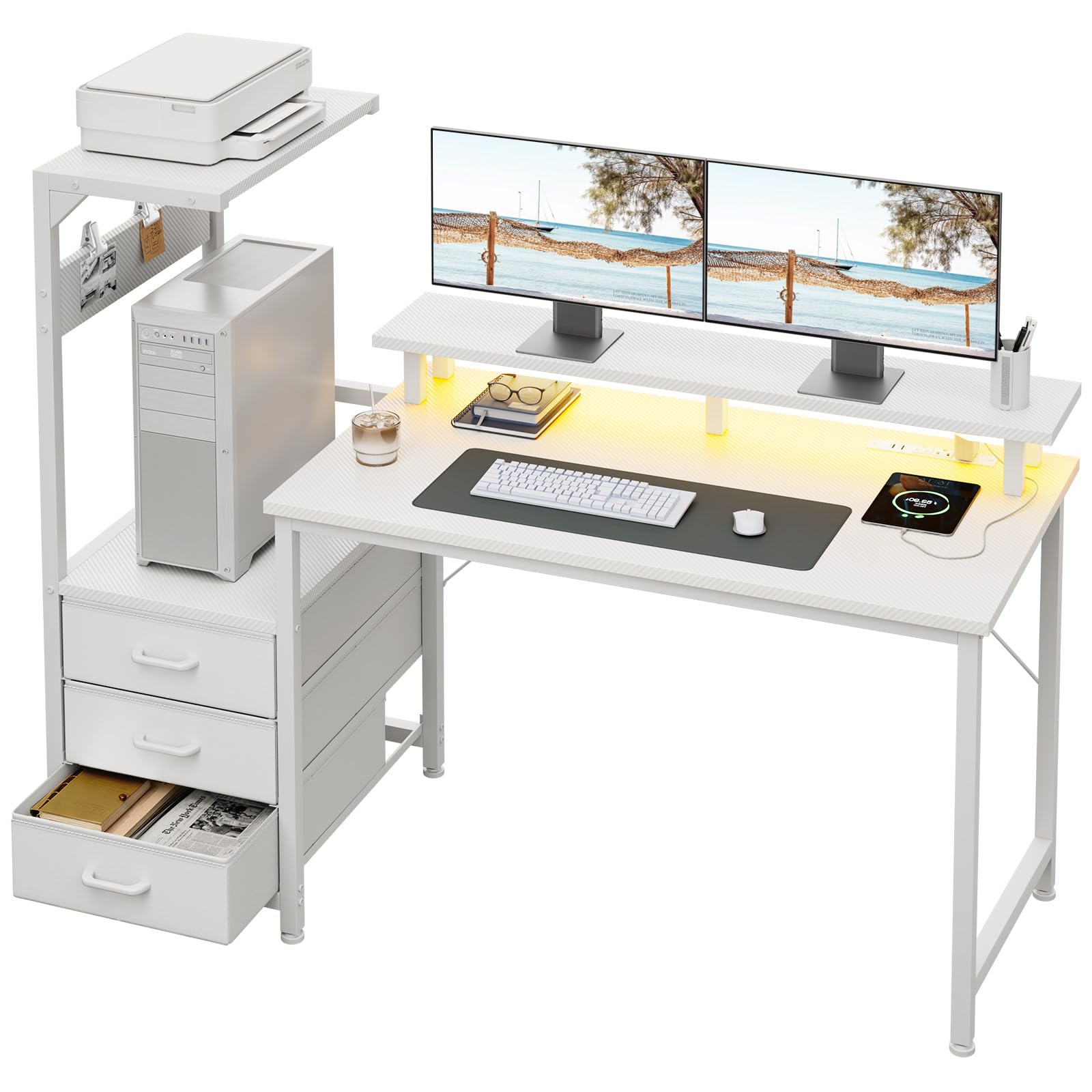 AODK 59 Inch Gaming Desk with LED Light- Reversible Computer Desk with Storage Shelves & Monitor Stand, Modern Gamer Desk Table with Fabric Drawers, Black