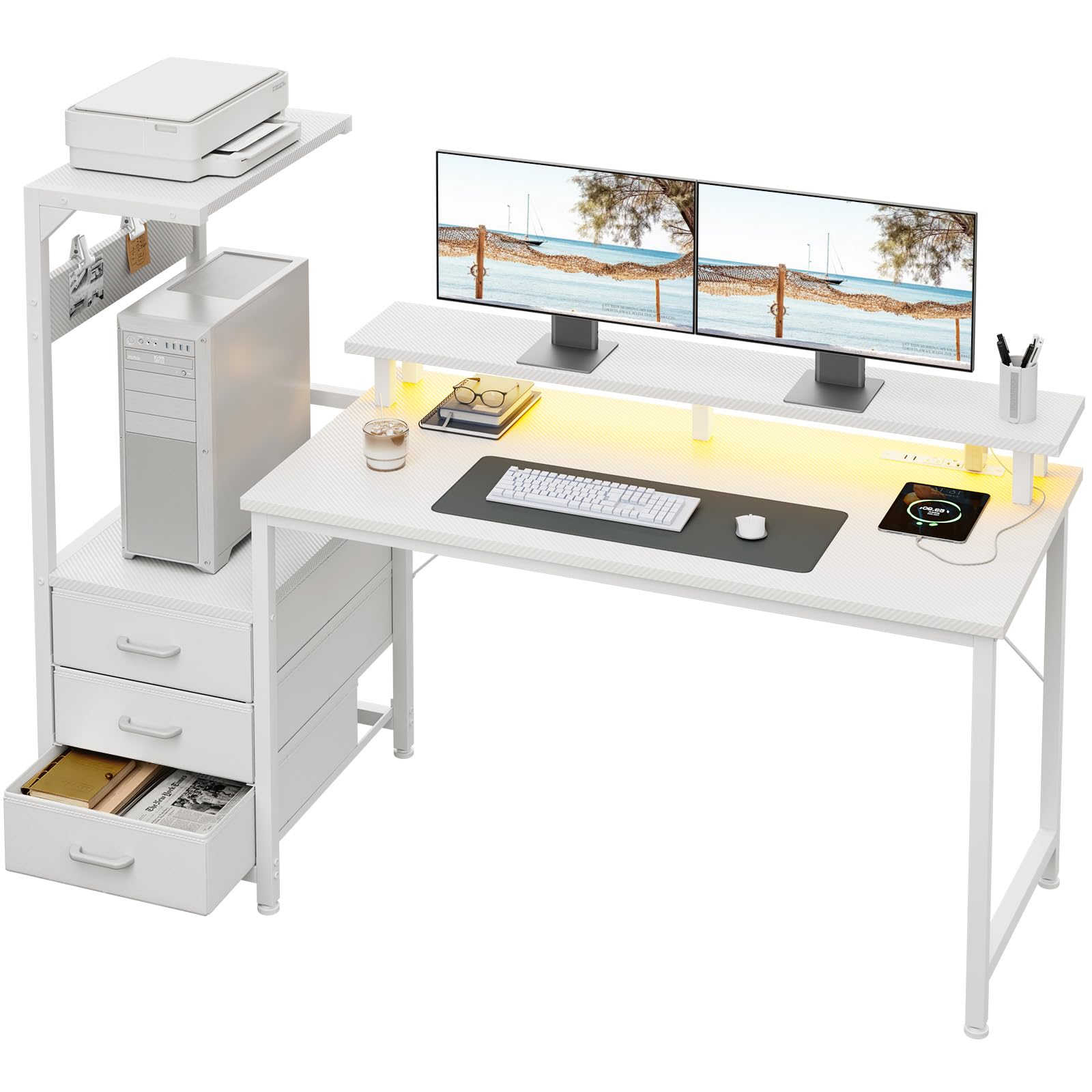 AODK 59 Inch Gaming Desk with LED Light- Reversible Computer Desk with Storage Shelves & Monitor Stand, Modern Gamer Desk Table with Fabric Drawers, Black