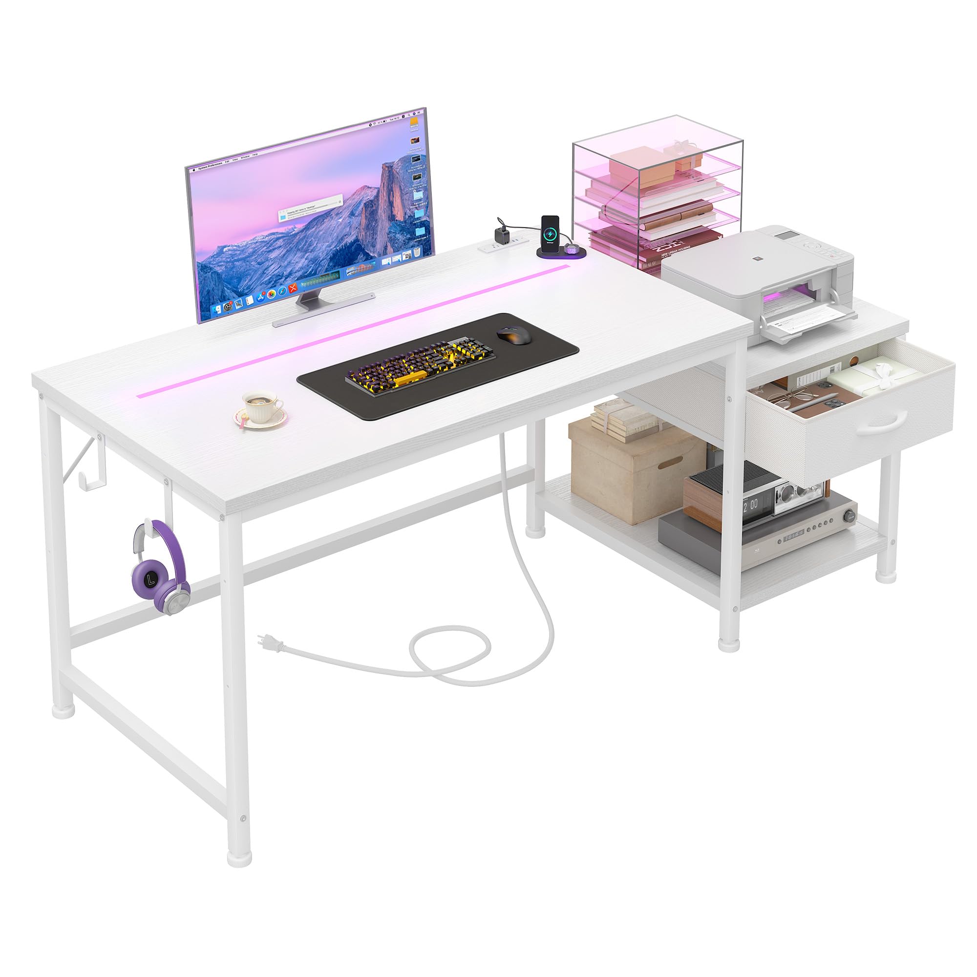 DurayLoly Gaming Desk 48.1 Inch with LED Lights and Power Outlets,Reversible Computer Desk with Drawers and Shelf,Gaming Table with Hooks for Headphone,Bags,Small Desk for Bedroom,Dorm,Black