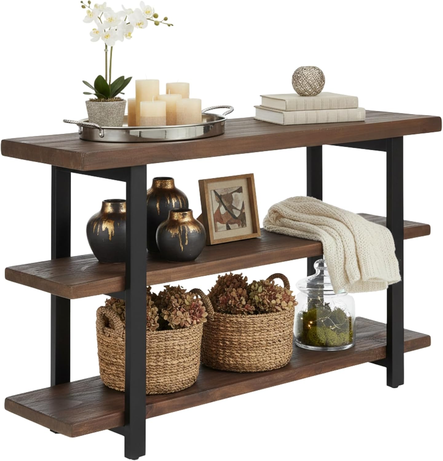 Alaterre Furniture Pomona 3-Tier Solid Wood Media Console Table with 2 Open Shelves and Metal Legs - Rustic Industrial Farmhouse TV Stand and Storage Console (Rustic Brown)