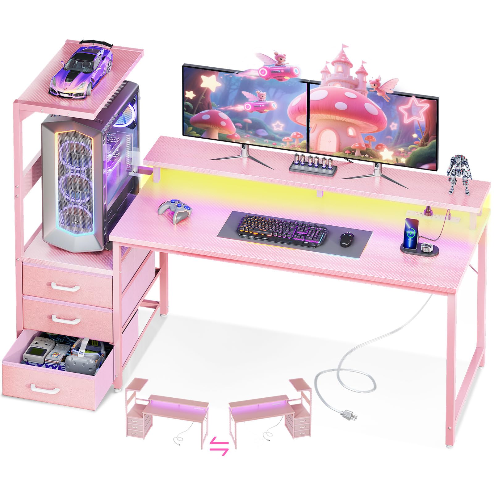 AODK 59 Inch Gaming Desk with LED Light- Reversible Computer Desk with Storage Shelves & Monitor Stand, Modern Gamer Desk Table with Fabric Drawers, Black