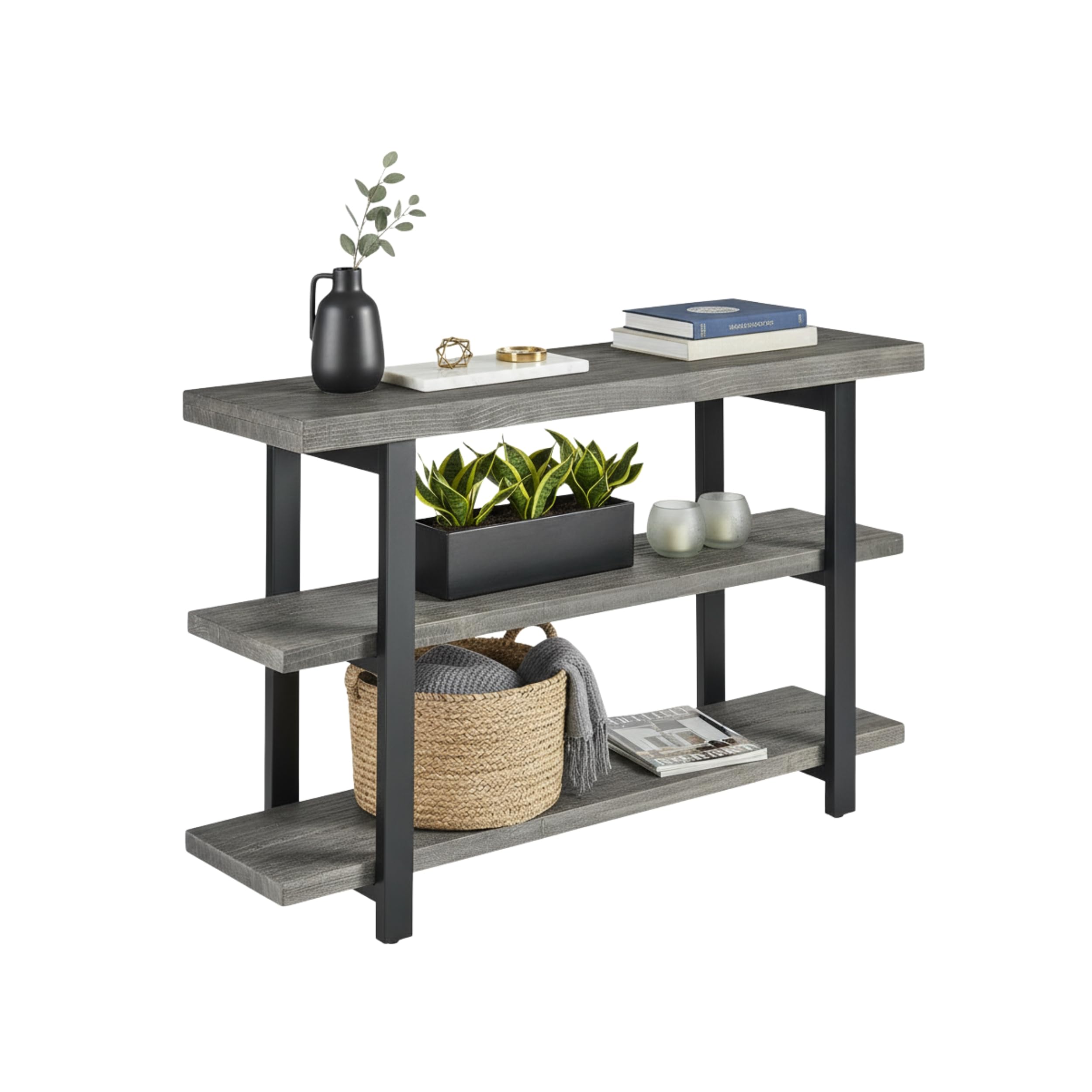 Alaterre Furniture Pomona 3-Tier Solid Wood Media Console Table with 2 Open Shelves and Metal Legs - Rustic Industrial Farmhouse TV Stand and Storage Console (Rustic Brown)