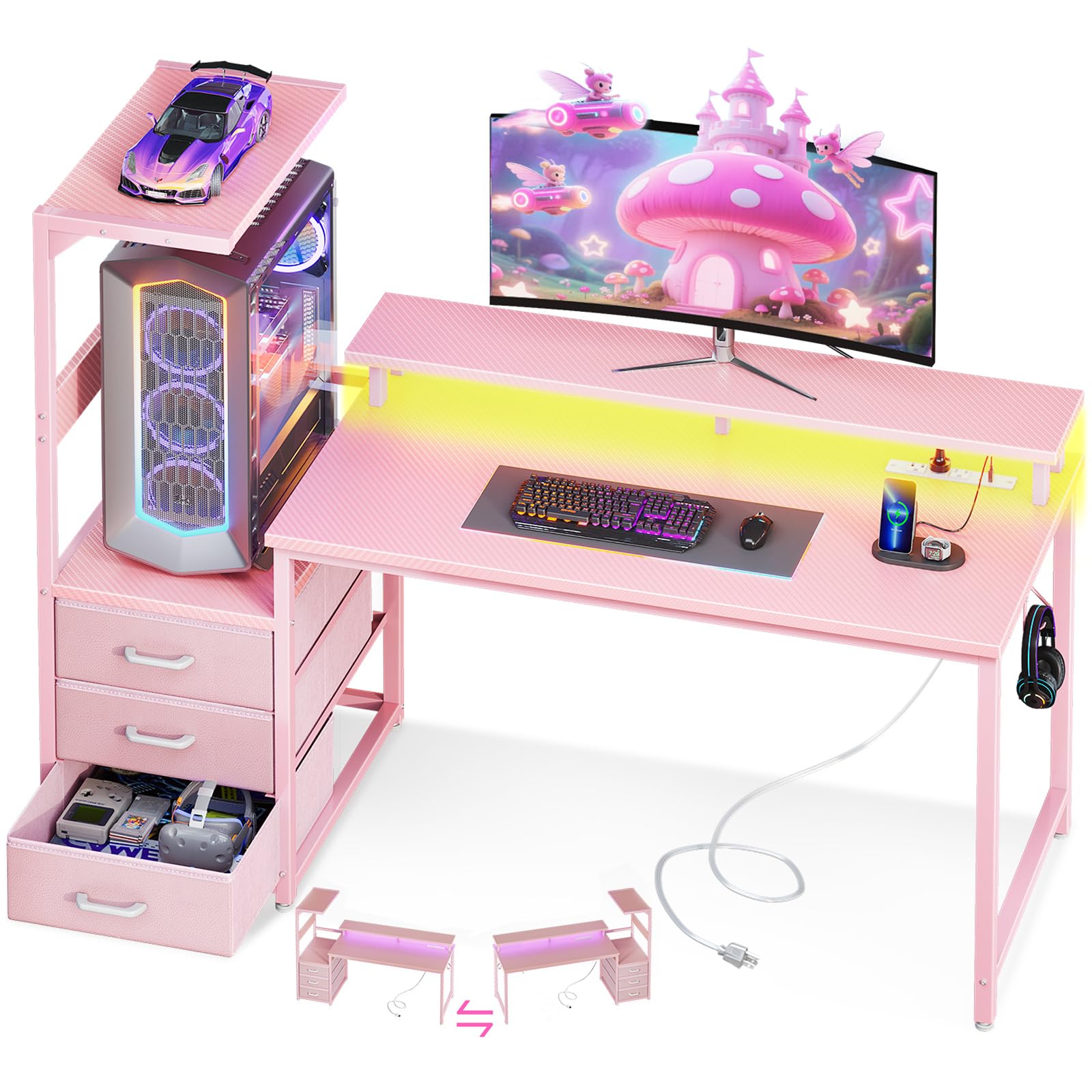 AODK 59 Inch Gaming Desk with LED Light- Reversible Computer Desk with Storage Shelves & Monitor Stand, Modern Gamer Desk Table with Fabric Drawers, Black