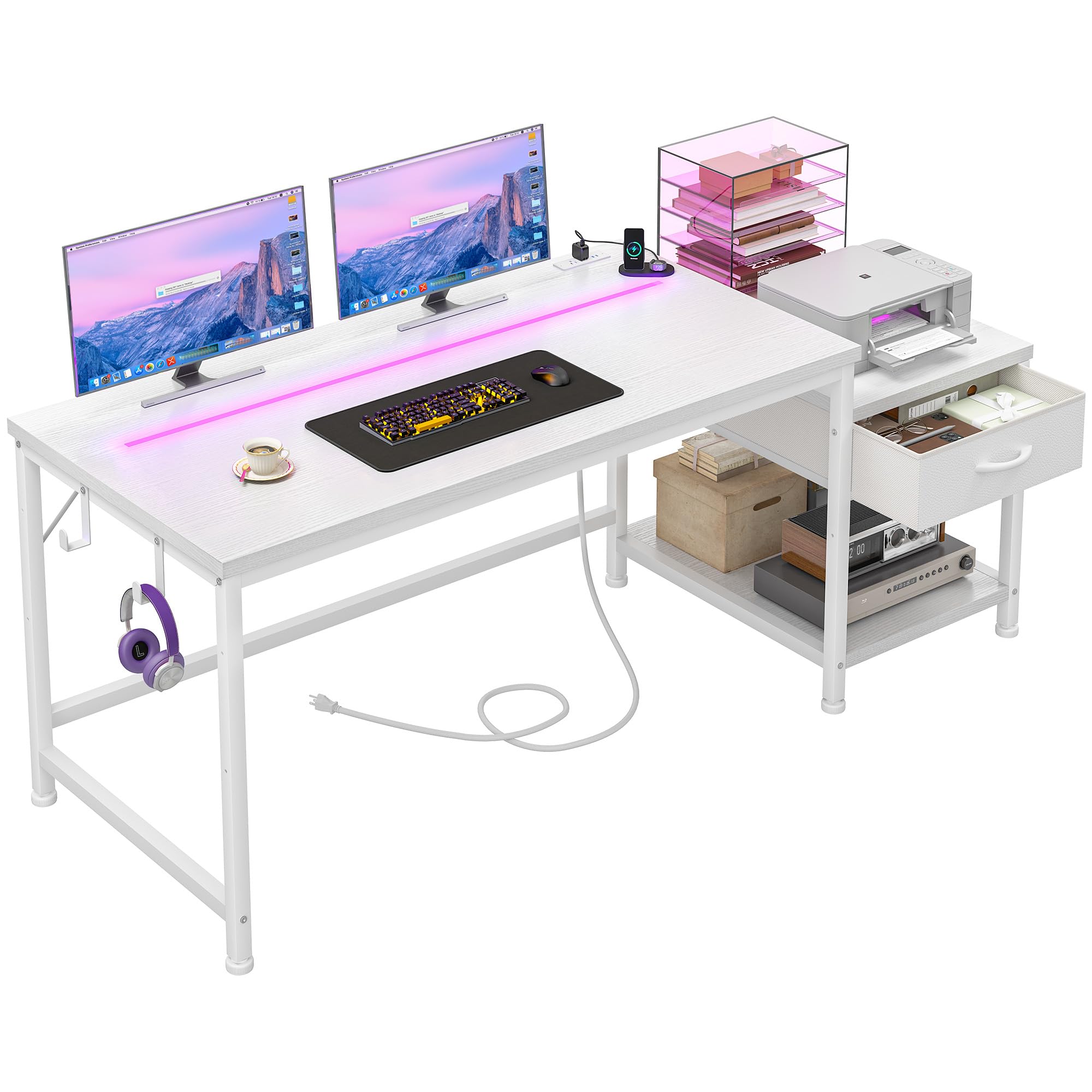 DurayLoly Gaming Desk 48.1 Inch with LED Lights and Power Outlets,Reversible Computer Desk with Drawers and Shelf,Gaming Table with Hooks for Headphone,Bags,Small Desk for Bedroom,Dorm,Black