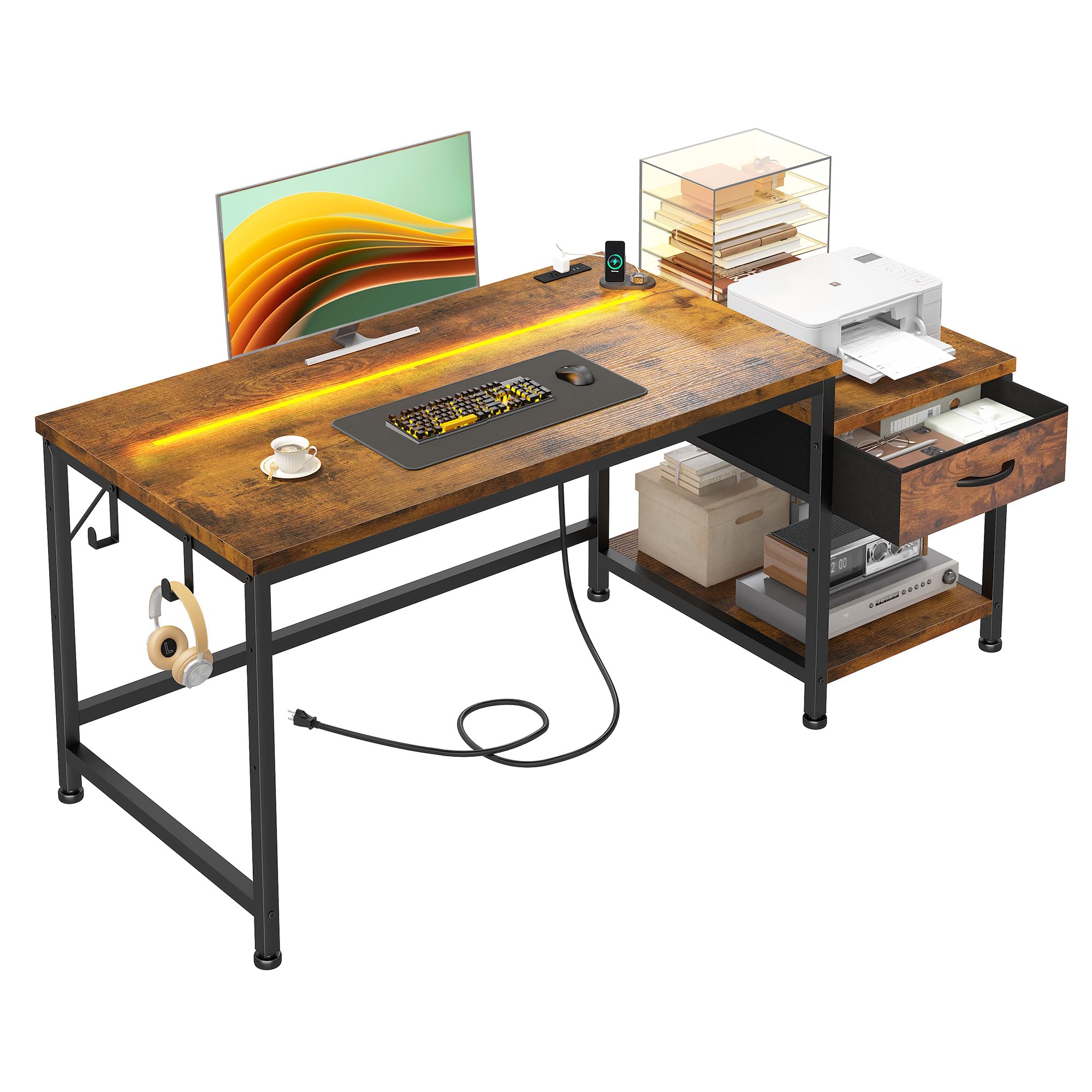 DurayLoly Gaming Desk 48.1 Inch with LED Lights and Power Outlets,Reversible Computer Desk with Drawers and Shelf,Gaming Table with Hooks for Headphone,Bags,Small Desk for Bedroom,Dorm,Black