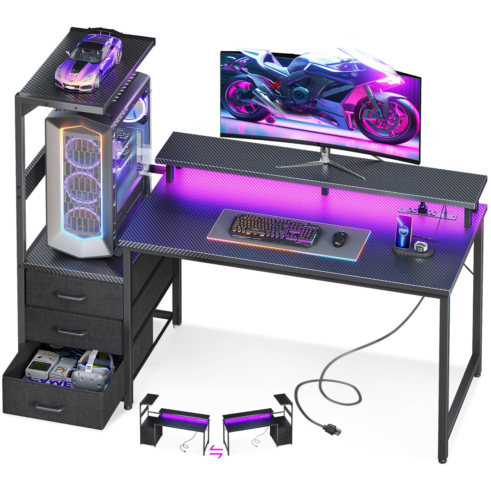 AODK 59 Inch Gaming Desk with LED Light- Reversible Computer Desk with Storage Shelves & Monitor Stand, Modern Gamer Desk Table with Fabric Drawers, Black
