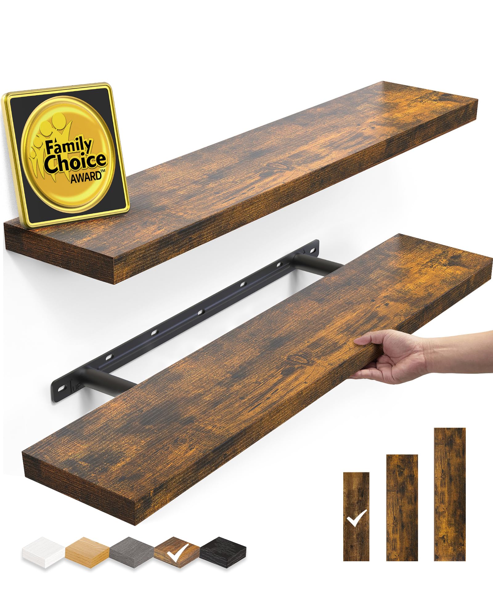 BAYKA Floating Shelves, 22.5 inches Rustic Wood Wall Shelves for Bathroom，Bedroom, Living Room, Kitchen & Book, Hanging Display Decor Organization Shelf with 22 lbs Capacity (Rustic Brown)
