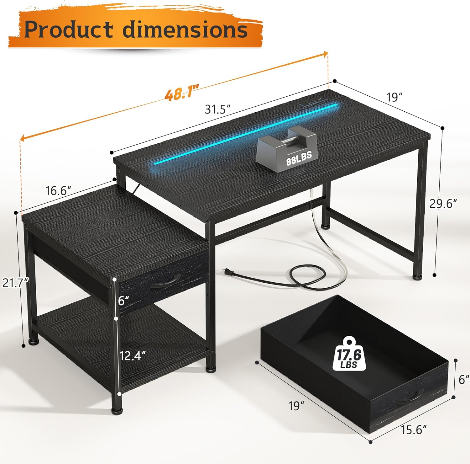 DurayLoly Gaming Desk 48.1 Inch with LED Lights and Power Outlets,Reversible Computer Desk with Drawers and Shelf,Gaming Table with Hooks for Headphone,Bags,Small Desk for Bedroom,Dorm,Black