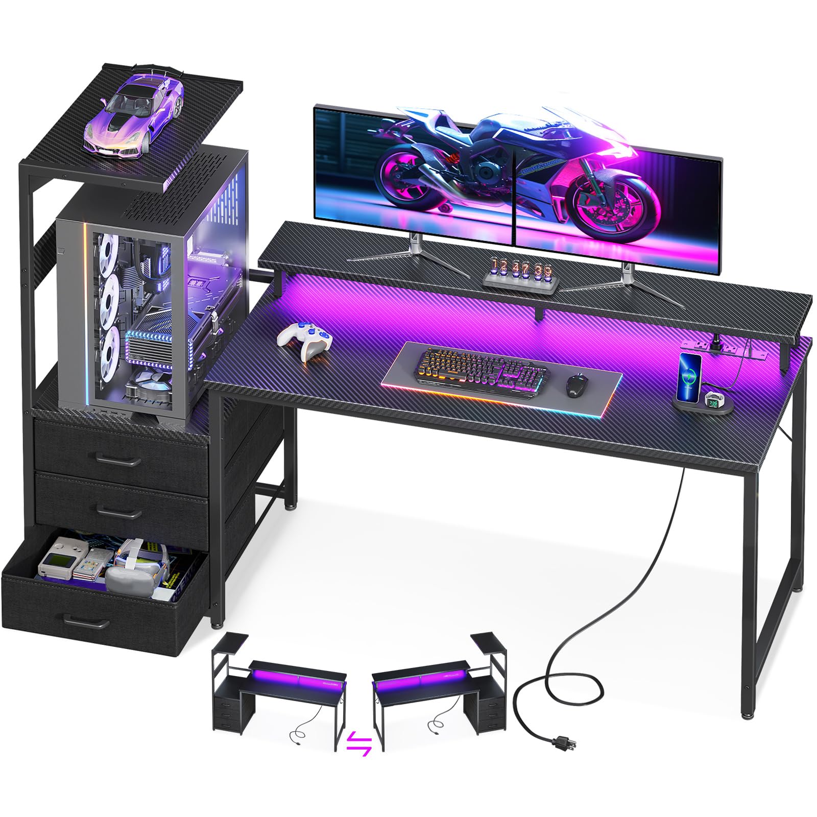 AODK 59 Inch Gaming Desk with LED Light- Reversible Computer Desk with Storage Shelves & Monitor Stand, Modern Gamer Desk Table with Fabric Drawers, Black