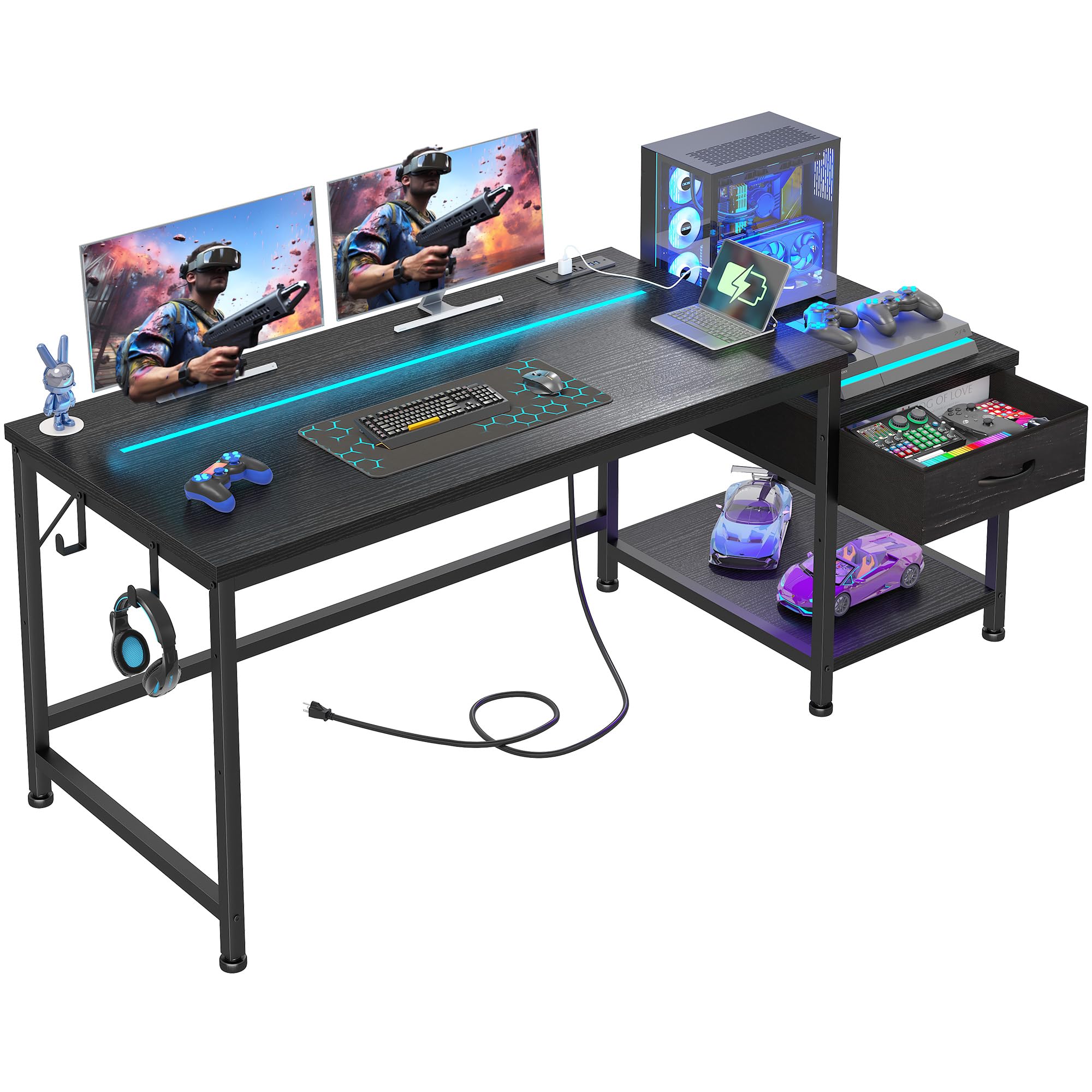 DurayLoly Gaming Desk 48.1 Inch with LED Lights and Power Outlets,Reversible Computer Desk with Drawers and Shelf,Gaming Table with Hooks for Headphone,Bags,Small Desk for Bedroom,Dorm,Black