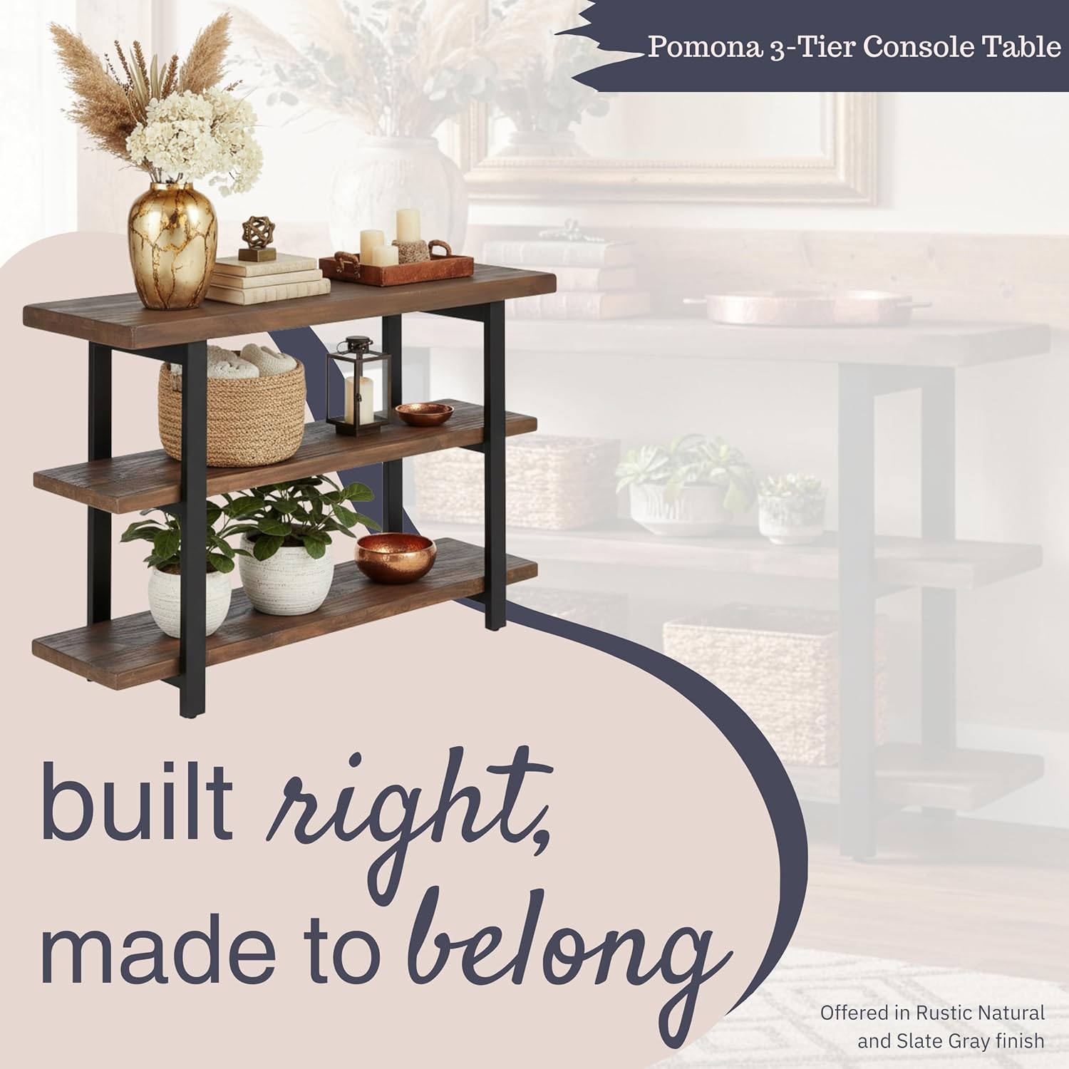 Alaterre Furniture Pomona 3-Tier Solid Wood Media Console Table with 2 Open Shelves and Metal Legs - Rustic Industrial Farmhouse TV Stand and Storage Console (Rustic Brown)