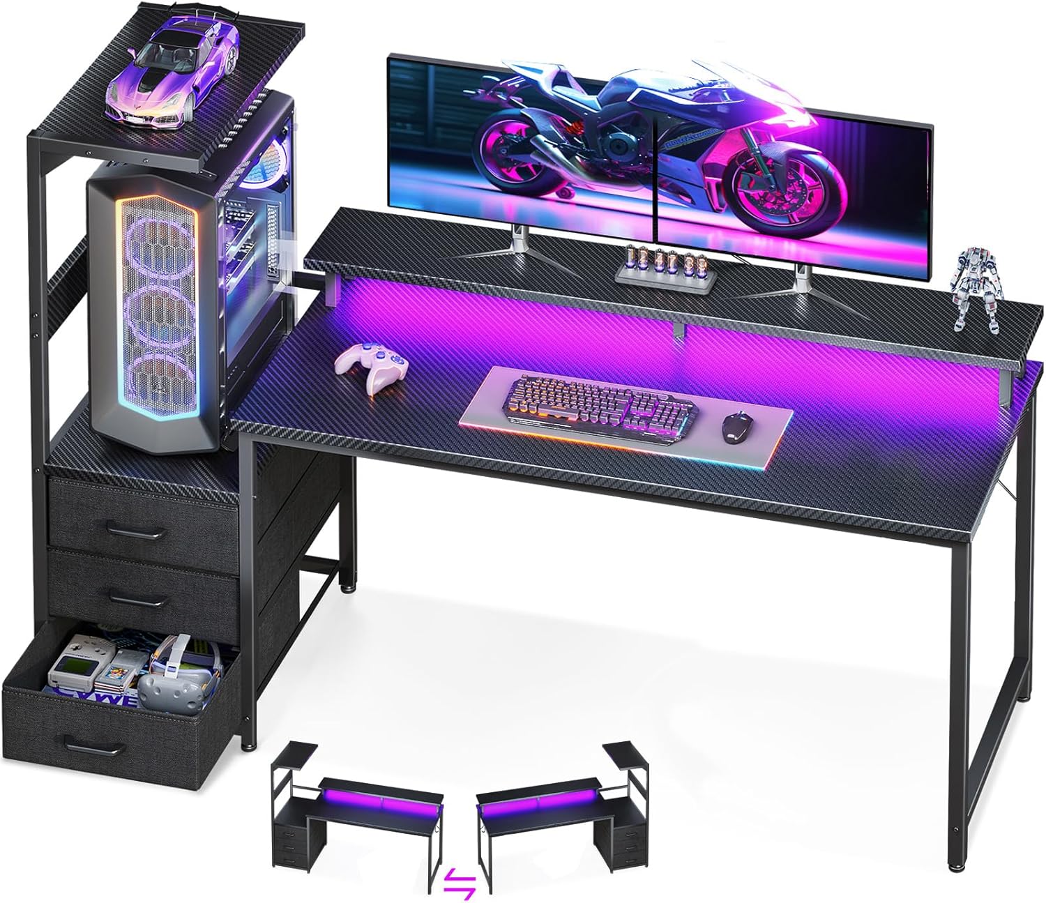 AODK 59 Inch Gaming Desk with LED Light- Reversible Computer Desk with Storage Shelves & Monitor Stand, Modern Gamer Desk Table with Fabric Drawers, Black