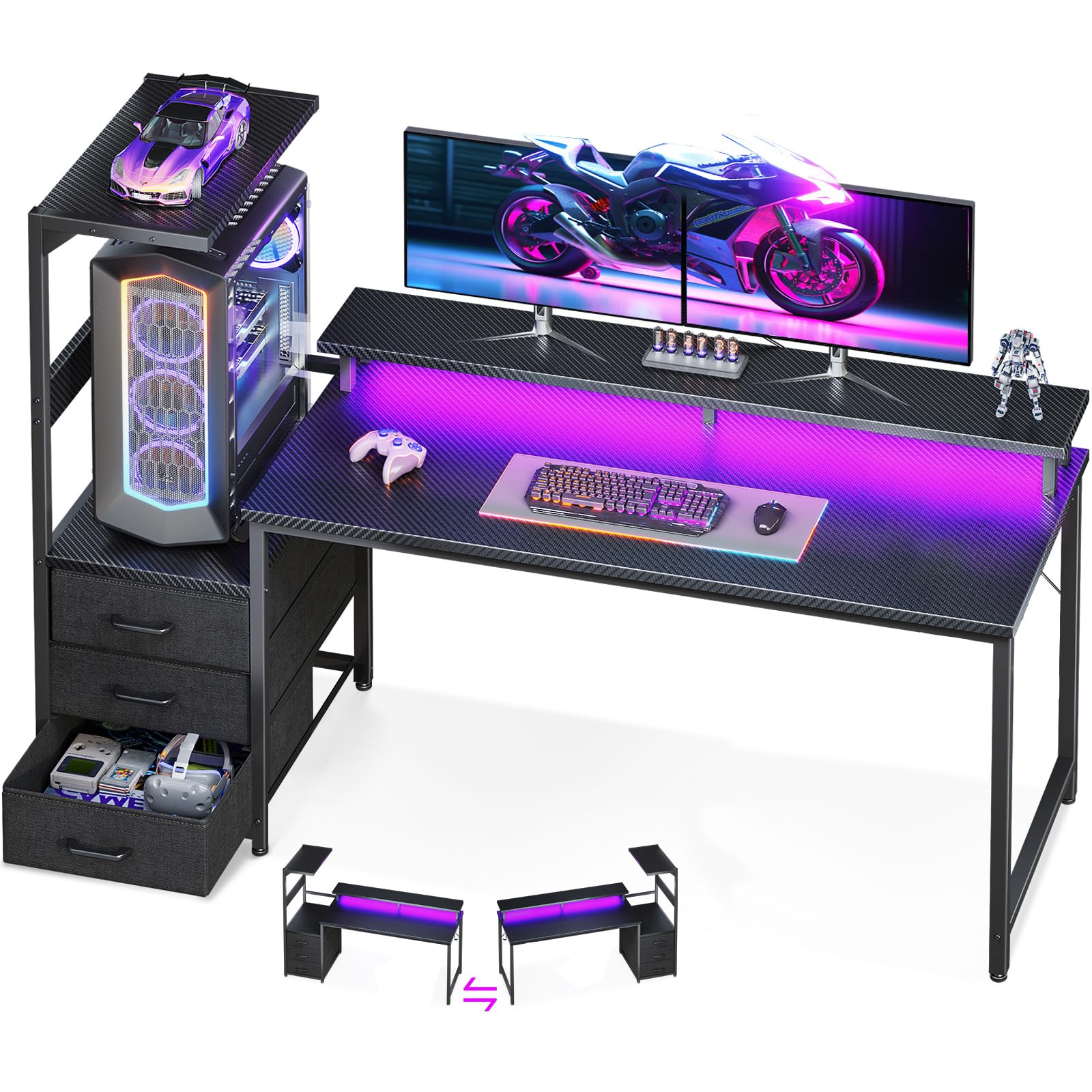 AODK 59 Inch Gaming Desk with LED Light- Reversible Computer Desk with Storage Shelves & Monitor Stand, Modern Gamer Desk Table with Fabric Drawers, Black