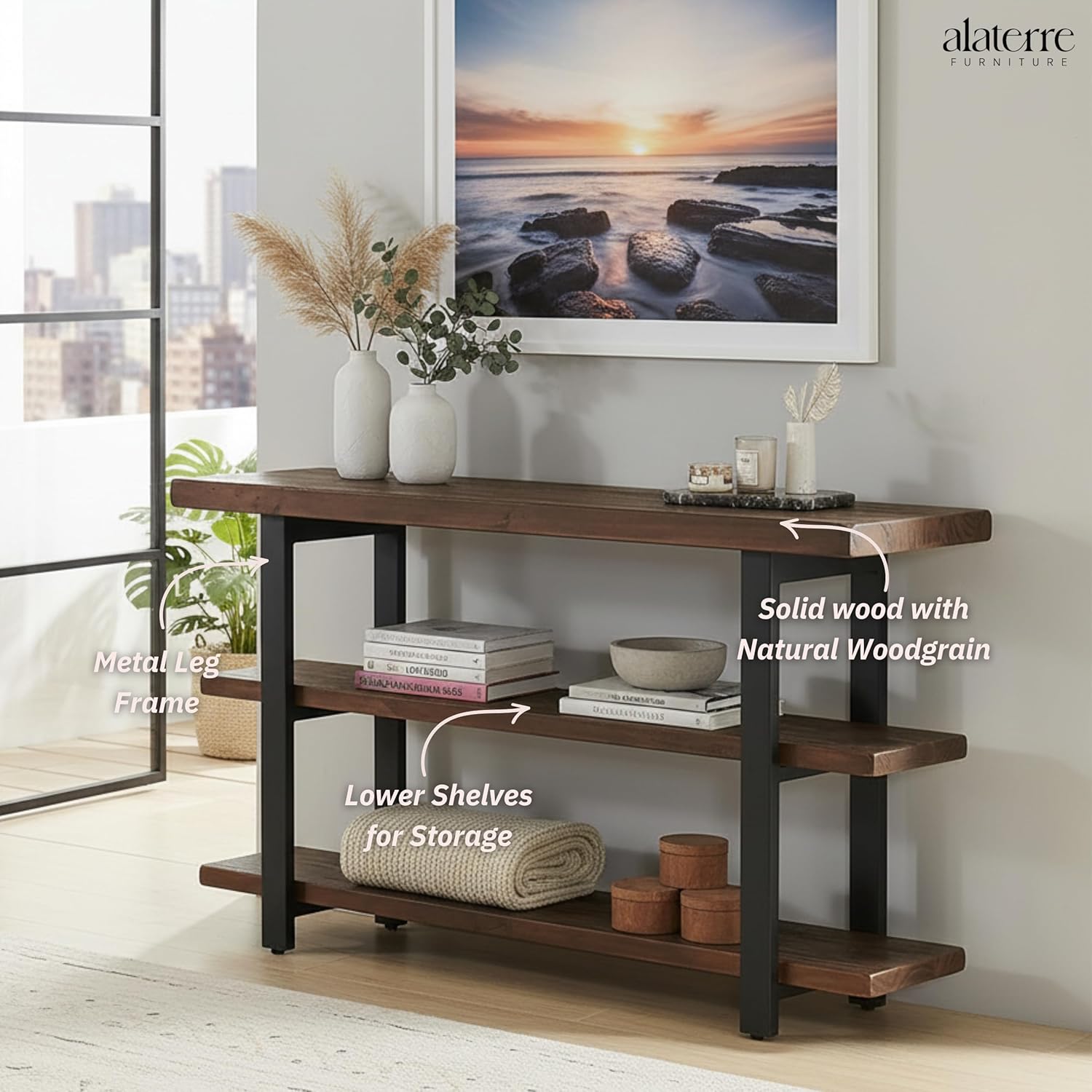Alaterre Furniture Pomona 3-Tier Solid Wood Media Console Table with 2 Open Shelves and Metal Legs - Rustic Industrial Farmhouse TV Stand and Storage Console (Rustic Brown)
