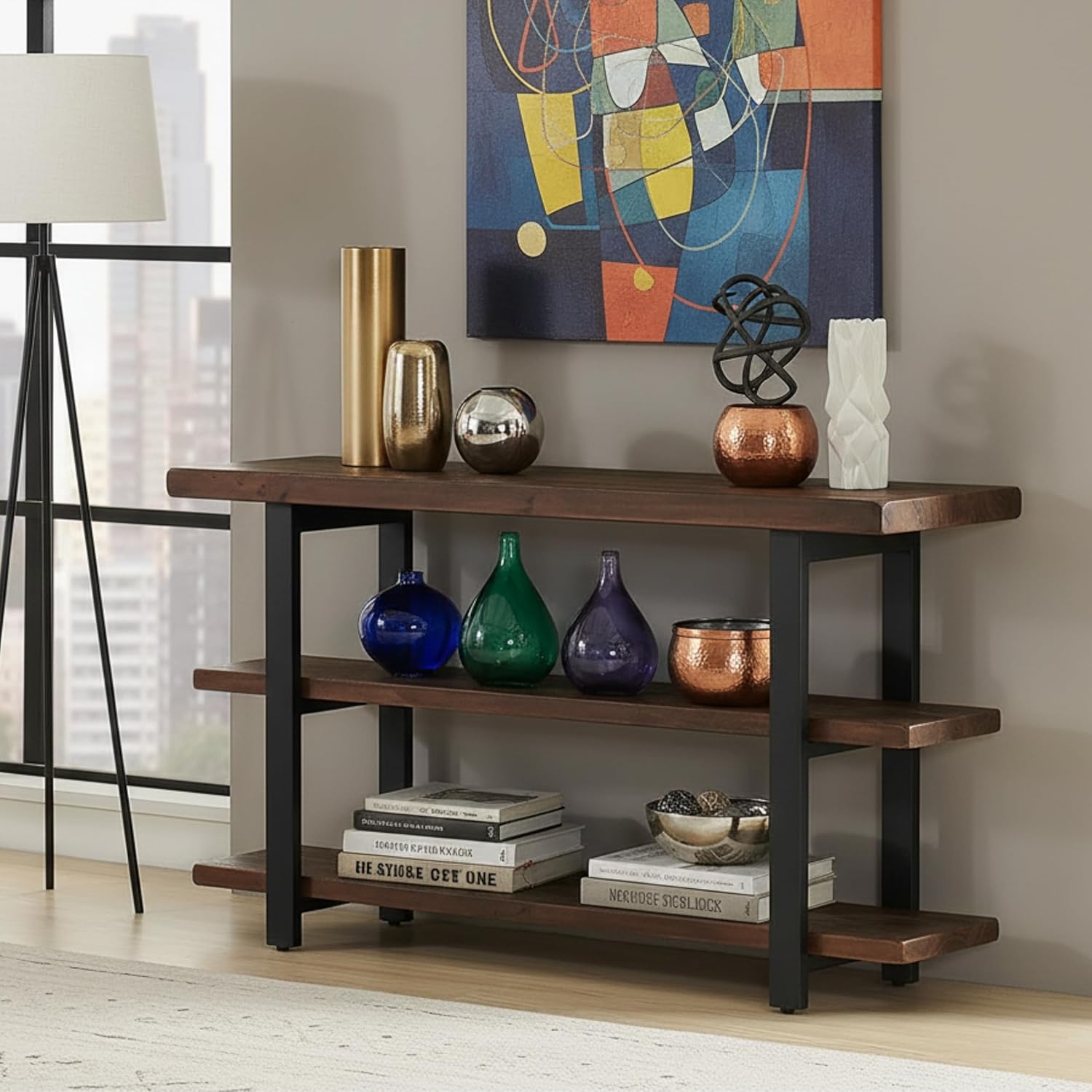Alaterre Furniture Pomona 3-Tier Solid Wood Media Console Table with 2 Open Shelves and Metal Legs - Rustic Industrial Farmhouse TV Stand and Storage Console (Rustic Brown)