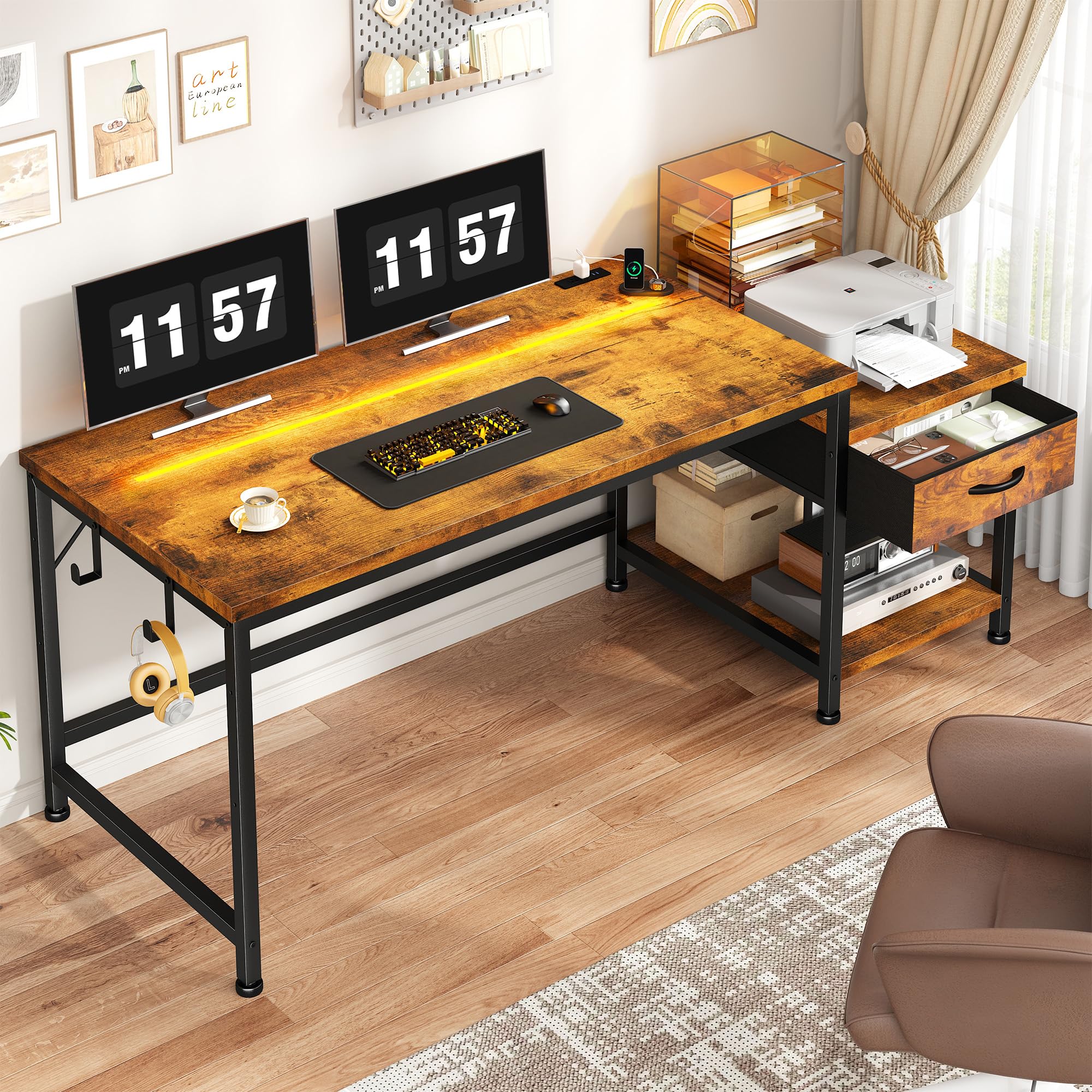 DurayLoly Gaming Desk 48.1 Inch with LED Lights and Power Outlets,Reversible Computer Desk with Drawers and Shelf,Gaming Table with Hooks for Headphone,Bags,Small Desk for Bedroom,Dorm,Black