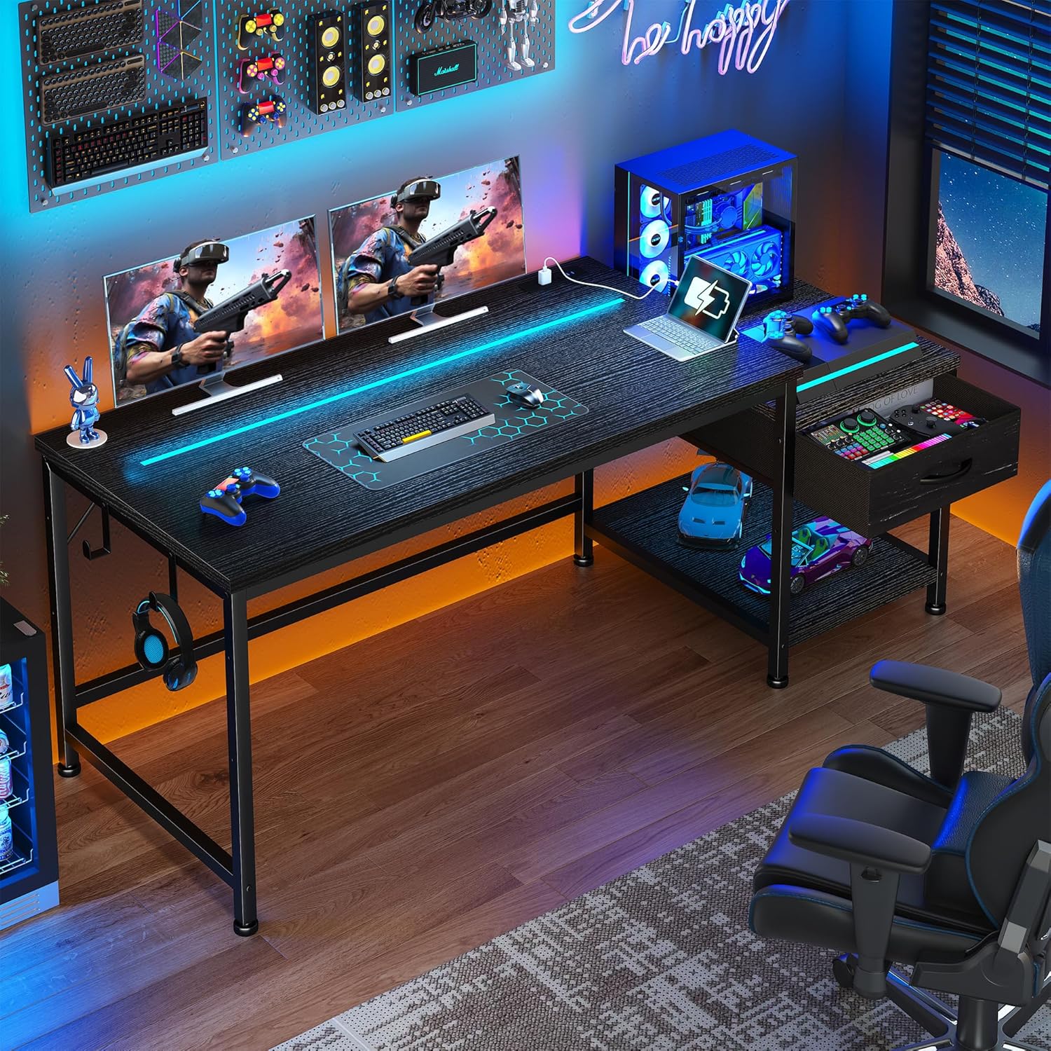 DurayLoly Gaming Desk 48.1 Inch with LED Lights and Power Outlets,Reversible Computer Desk with Drawers and Shelf,Gaming Table with Hooks for Headphone,Bags,Small Desk for Bedroom,Dorm,Black