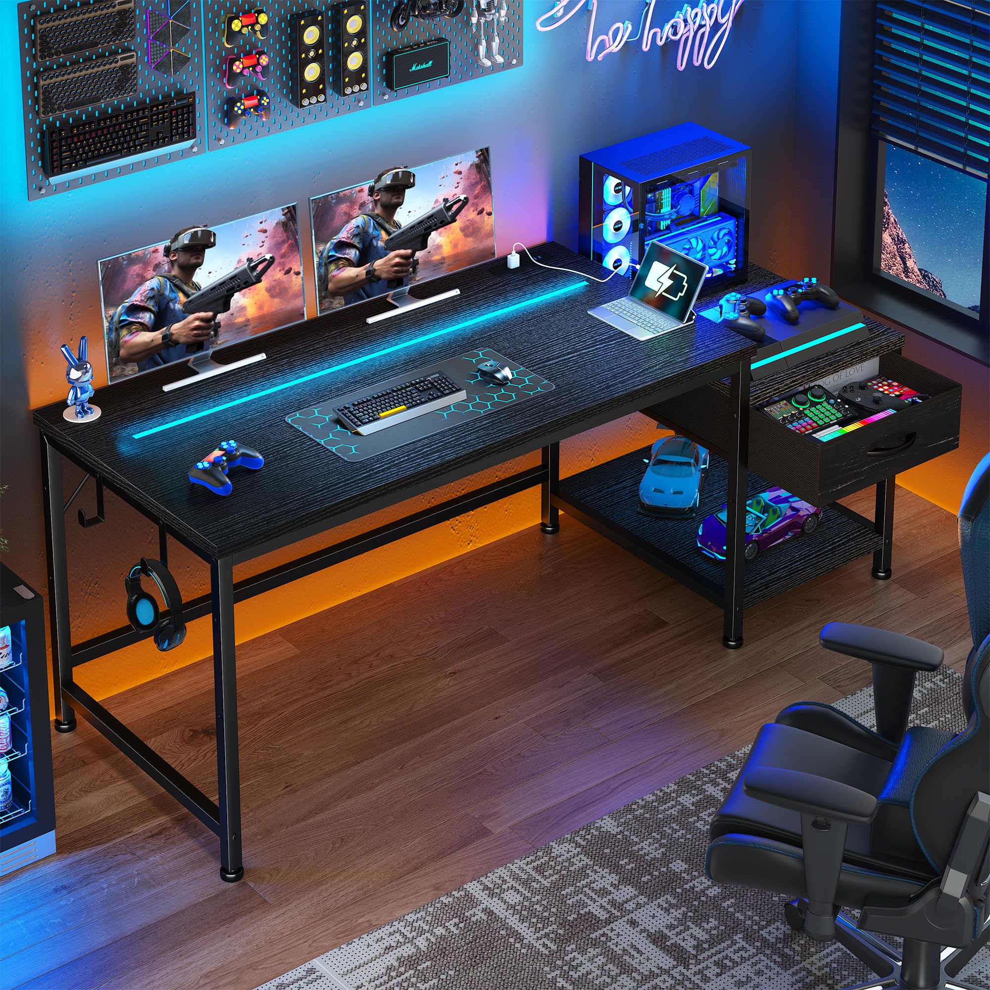 DurayLoly Gaming Desk 48.1 Inch with LED Lights and Power Outlets,Reversible Computer Desk with Drawers and Shelf,Gaming Table with Hooks for Headphone,Bags,Small Desk for Bedroom,Dorm,Black
